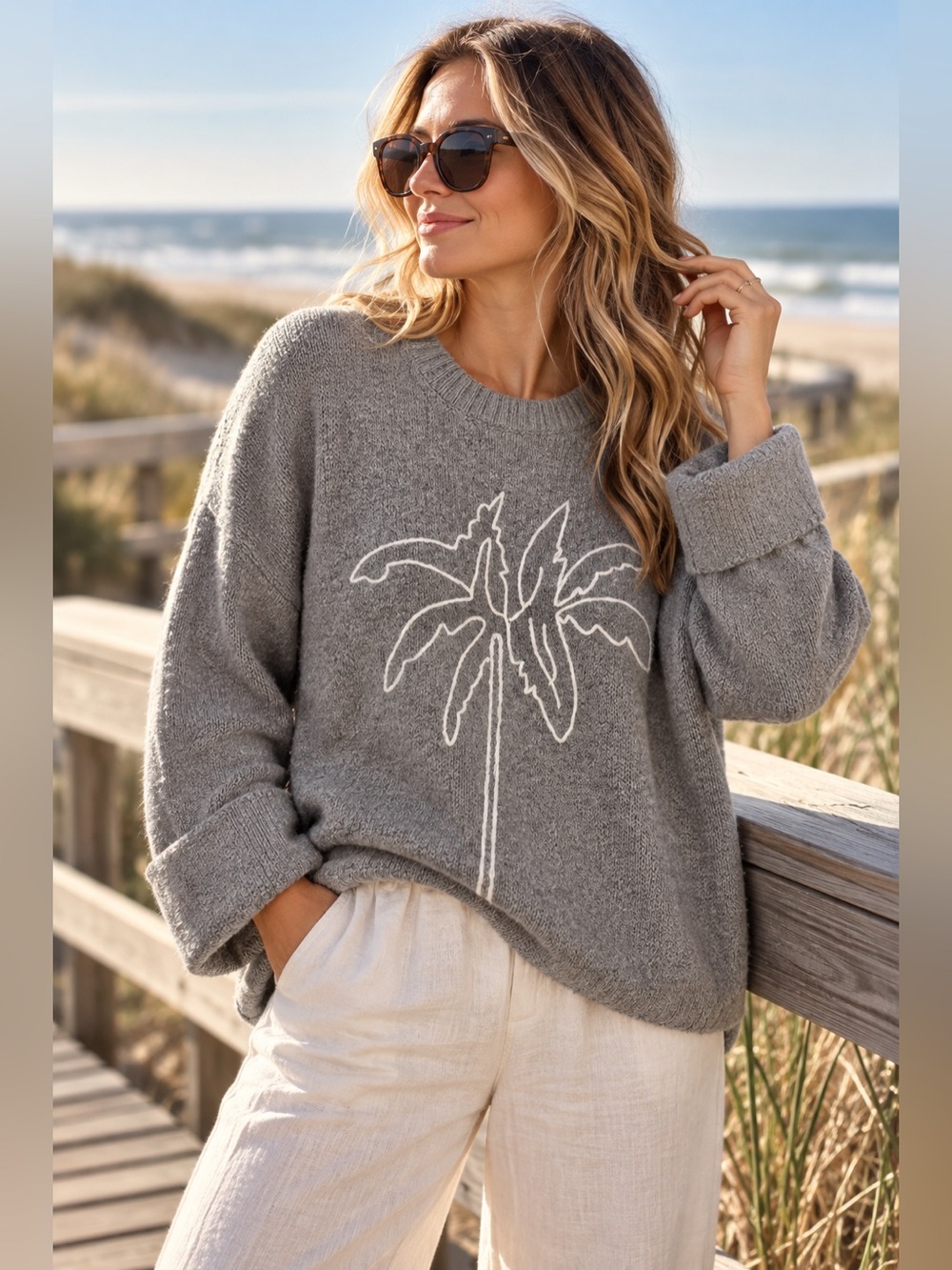 Show Me Your Mumu Sue Cuffed Sweater XS Gray Palm Tree Graphic Knit